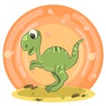 Illustration of a tirex dinosaur on sand with rocks. Orange background with highlights and circles. Vector.