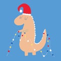 Cute Dinosaur - Santa Claus. Brown Dino in a Red Hat and Christmas Tree Decoration.