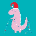 Cute Dinosaur - Santa Claus. Pink Dino in a Red Hat and Christmas Tree Decoration.