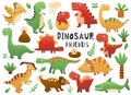 Cute dinosaur set with tyrannosaurus rex, triceratops, brachiosaurus, pterodactyl, stegosaurus