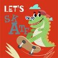 Cute dinosaur skating. Best for children designs, tees, birthday flyers and invitations. Dino party template.