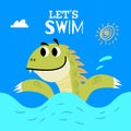 Cute dinosaur swims. Best for children designs, tees, birthday flyers and invitations. Dino party template.