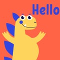 Cute dinosaur talking say hello, Jurassic dino for kids, baby, children`s fashion, lizard, extinction, vector Royalty Free Stock Photo