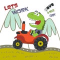 Cute dinosaur and tractor in the farm, funny animal cartoon, Can be used for t-shirt print, kids wear fashion design, invitation Royalty Free Stock Photo