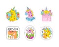 Cute Dinosaur and Unicorn Patches and Stickers Vector Set Royalty Free Stock Photo