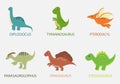 Cute Dinosaurs Cartoon Characters Illustration as Spinosaurus, Parasaurolophus, Stegosaurus, Tyrannosaurus, and Pterodactyl