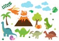 Cute Dinosaurs Cartoon Characters Illustration as Spinosaurus, Parasaurolophus, Stegosaurus, Tyrannosaurus, and Pterodactyl