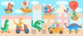 Cute dinosaurs cartoon characters transport, vector illustration Royalty Free Stock Photo