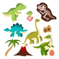 Cute dinosaurs. Cartoon dino, baby dragon in egg, prehistoric monster skeleton, palm tree and vulcan. Funny jurassic