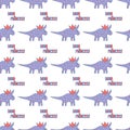 Cute dinosaurs with crowns seamless pattern on the white background. Vector dino texture for kids. Design for nursery Royalty Free Stock Photo