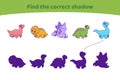 Cute dinosaurs. Find the correct shadow. Find the right path to silhouette. Educational game for children. Cartoon vector illustra