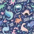 Cute dinosaurs hand drawn color vector seamless pattern Royalty Free Stock Photo