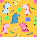 Cute dinosaurs hand drawn color vector seamless pattern. Dino characters cartoon texture. Sketch Jurassic reptiles. Web Royalty Free Stock Photo