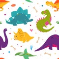 Cute dinosaurs hand drawn color vector seamless pattern. Royalty Free Stock Photo