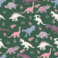 Cute dinosaurs hand drawn seamless pattern on dark green background