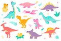 Cute dinosaurs isolated objects set. Collection of different types of colorful dinosaurs, dino baby in egg. Funny prehistoric