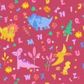 Cute dinosaurs in Jurassic forest. Seamless pattern. Alphabet hand drawn font on fabric. Scandinavian cartoon characters Royalty Free Stock Photo