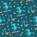 Cute dinosaurs in Jurassic forest. Seamless pattern. Alphabet hand drawn font on fabric. Scandinavian cartoon characters