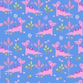 Cute dinosaurs in Jurassic forest. Seamless pattern. Scandinavian cartoon character. Color vector image.