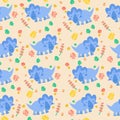 Cute dinosaurs in Jurassic forest. Seamless pattern. Scandinavian cartoon character. Color vector image.