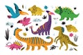Cute dinosaurs. Kids style dinos funny prehistoric animals characters, predators and herbivores, birds and reptiles Royalty Free Stock Photo