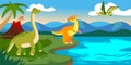 Cute dinosaurs with landscape. Cartoon dino prehistoric scene with lake, volcano, mountain and palm tree. Jurassic