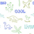 Cute dinosaurs and palm trees, cacti. Seamless pattern. Hand drawn vector doodle design for kids, fabric Royalty Free Stock Photo