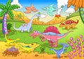 Cute dinosaurs in prehistoric scene