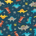 Cute dinosaurs seamless pattern. Colorful vector illustration for childish design, clothes, toys. Multidirectional