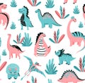 Cute dinosaurs seamless vector pattern with baby dino and floral elements. Cool kid nursery print design in scandinavian