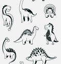 Cute dinosaurs seamless vector pattern with black outline graphic dino on light grey background. Cool kid nursery print Royalty Free Stock Photo