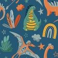 Cute dinosaurs seamless vector pattern with bright color dino, leaves, cloud, rainbow, star on dark blue background
