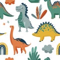 Cute dinosaurs seamless vector pattern with bright color dino, leaves, cloud, rainbow, star on white background. Cool