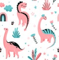 Cute dinosaurs seamless vector pattern with dots, crown, flower, rainbow, cloud, leaves. Cool kid nursery print design