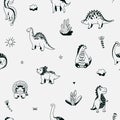 Cute dinosaurs seamless vector pattern with outline graphic dino, leaves, cloud, flower, star on grey background. Cool Royalty Free Stock Photo