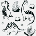 Cute dinosaurs seamless vector pattern with outline graphic dino, leaves, cloud, star on grey background. Cool kid Royalty Free Stock Photo