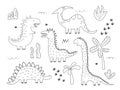 Cute dinosaurs and tropic plants. Funny cartoon dino collection. Hand drawn vector doodle set for kids. Black and white Royalty Free Stock Photo