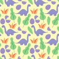 Cute dinosaurs and tropic plants. Funny cartoon dino seamless pattern. Hand drawn vector doodle design for girls, kids. Hand drawn Royalty Free Stock Photo
