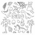 Cute dinosaurs and tropic plants in outline collection