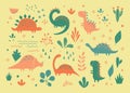 Cute dinosaurs and tropic plants in outline sketchy style. Funny cartoon dino set. Hand drawn vector doodle set for kids Royalty Free Stock Photo
