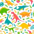 Cute dinosaurs and tropical plants, childrens colorful print on fabric, postcards. Vector seamless pattern on white Royalty Free Stock Photo