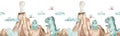 Watercolor seamless border with cute dinosaurs tyrannosaurs, mountains, volcanoes, eggs, clouds