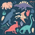 Cute Dinosaurs Vector Set Illustrations - Triceratops, Stegosaurus, Tyrannosaurus Rex, Pterodactyl, Saurolophus, Plesiosaurus