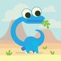 Cute Diplodocus in valley of the volcanoes. Dinosaur life. Vector illustration of prehistoric character in flat cartoon