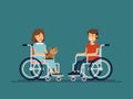 Cute disabled boy and girl kid sitting in a wheelchair and keep the puppy on one`s knees. Handicapped person. Royalty Free Stock Photo