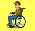 Cute disabled boy kid sitting in a wheelchair. Handicapped person. Colorful flat style cartoon vector illustration