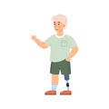 Cute disabled boy with prosthetic limb, cartoon vector illustration isolated.