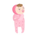 Cute displeased baby with kinky hair standing in pink pajama. Vector illustration in flat cartoon style.