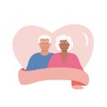 Cute diverse elderly romantic couple in heart with pink ribbon and space for text. Old age mature romantic partners