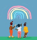 Cute diverse nation kids and rainbow on the sky. Toddler girls of different races. Funny cartoon character. Flat vector